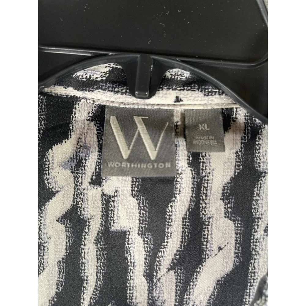 Worthington Womens XL Black White Abstract Stripe Tie Waist Midi Shirt Dress NWT